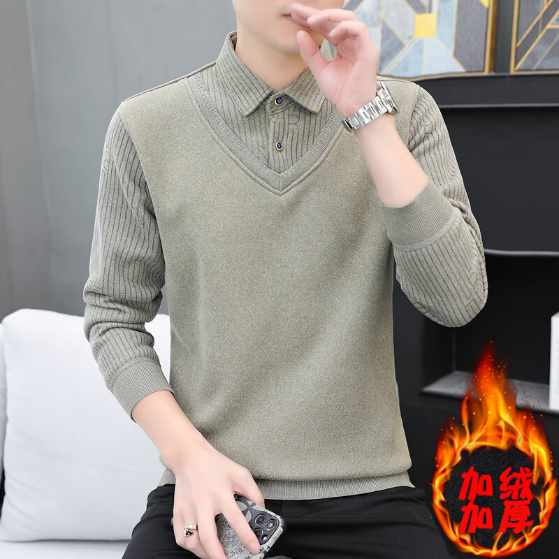 喜森朗秋冬一体加绒加厚衬衫领毛衣男韩版修身保暖休闲假两件针织衫线衣 卡其色 XL