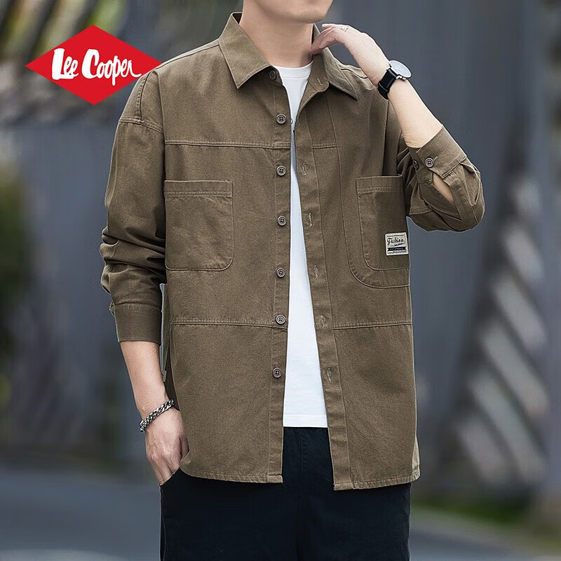Lee Cooper纯棉工装长袖衬衫男春秋季男士外套韩版潮流休闲衬衣宽松上衣男装 咖啡长袖衬衫 2XL码